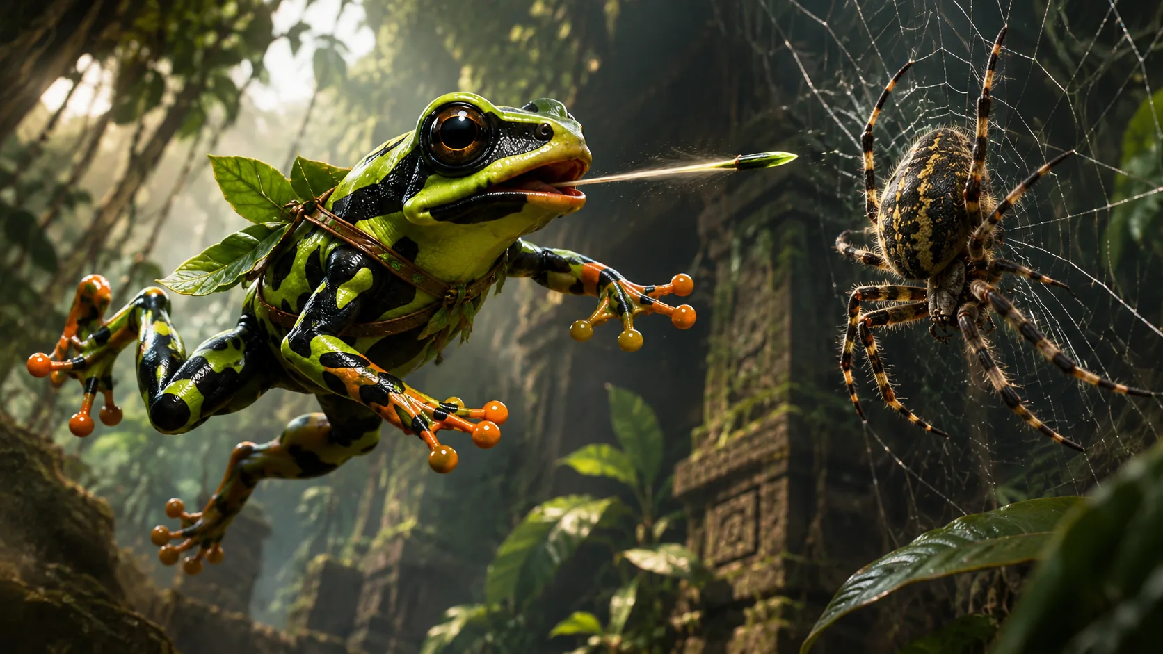 Leafshadow confronting a giant rainforest spider