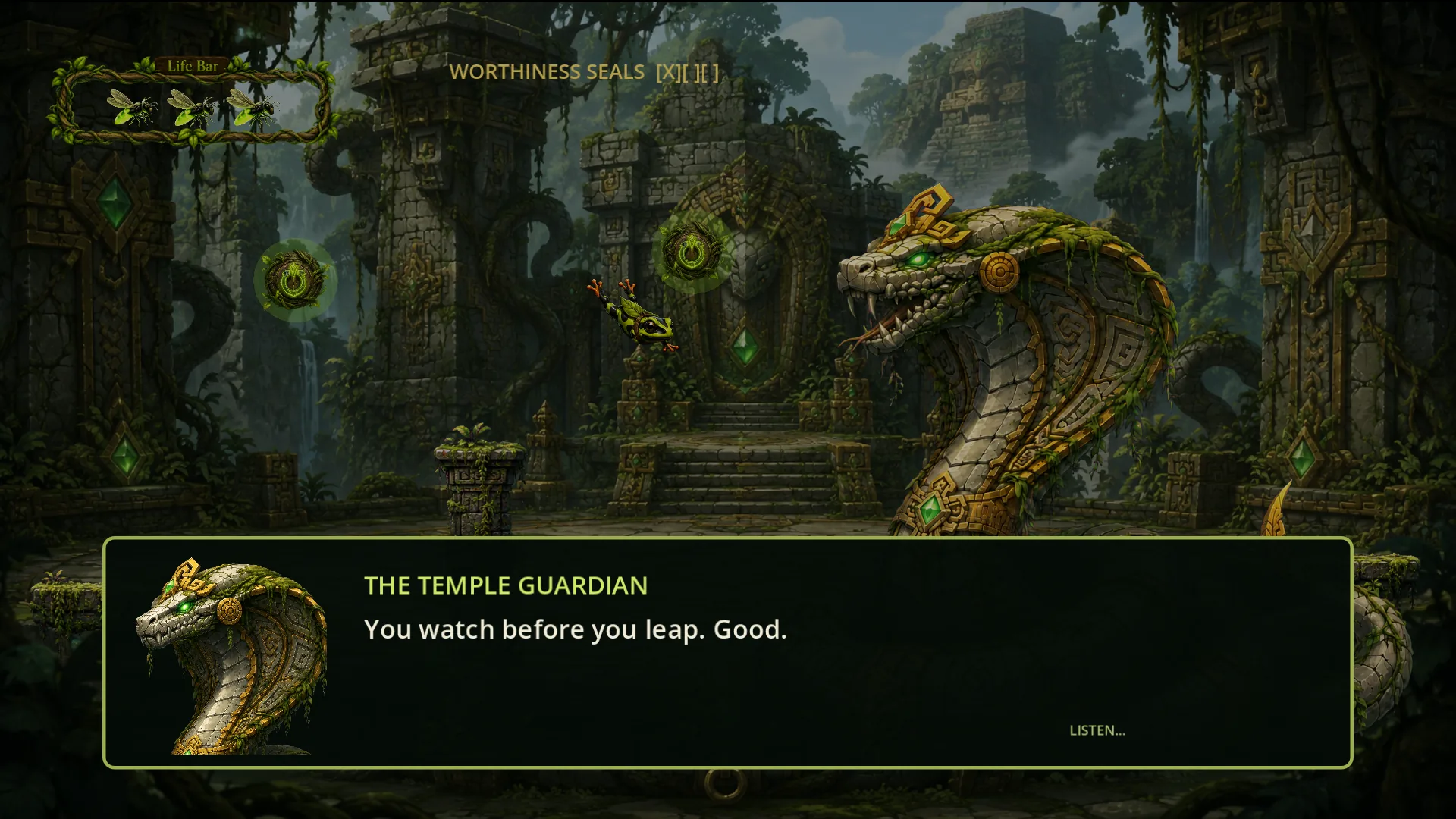 Leafshadow speaking with the enormous Temple Guardian